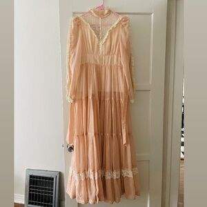 Elegant Peach Lace Trim Maxi Dress